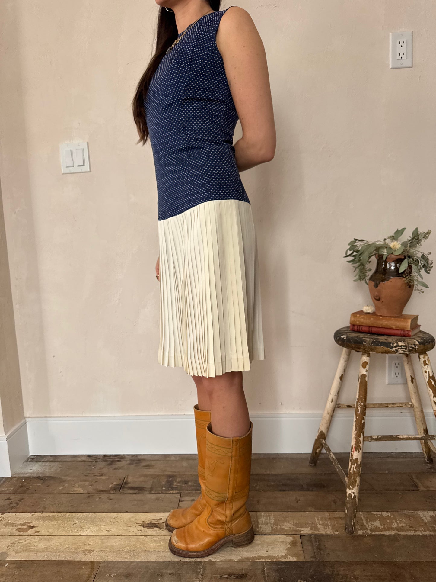 Navy and Cream Pleated Dress