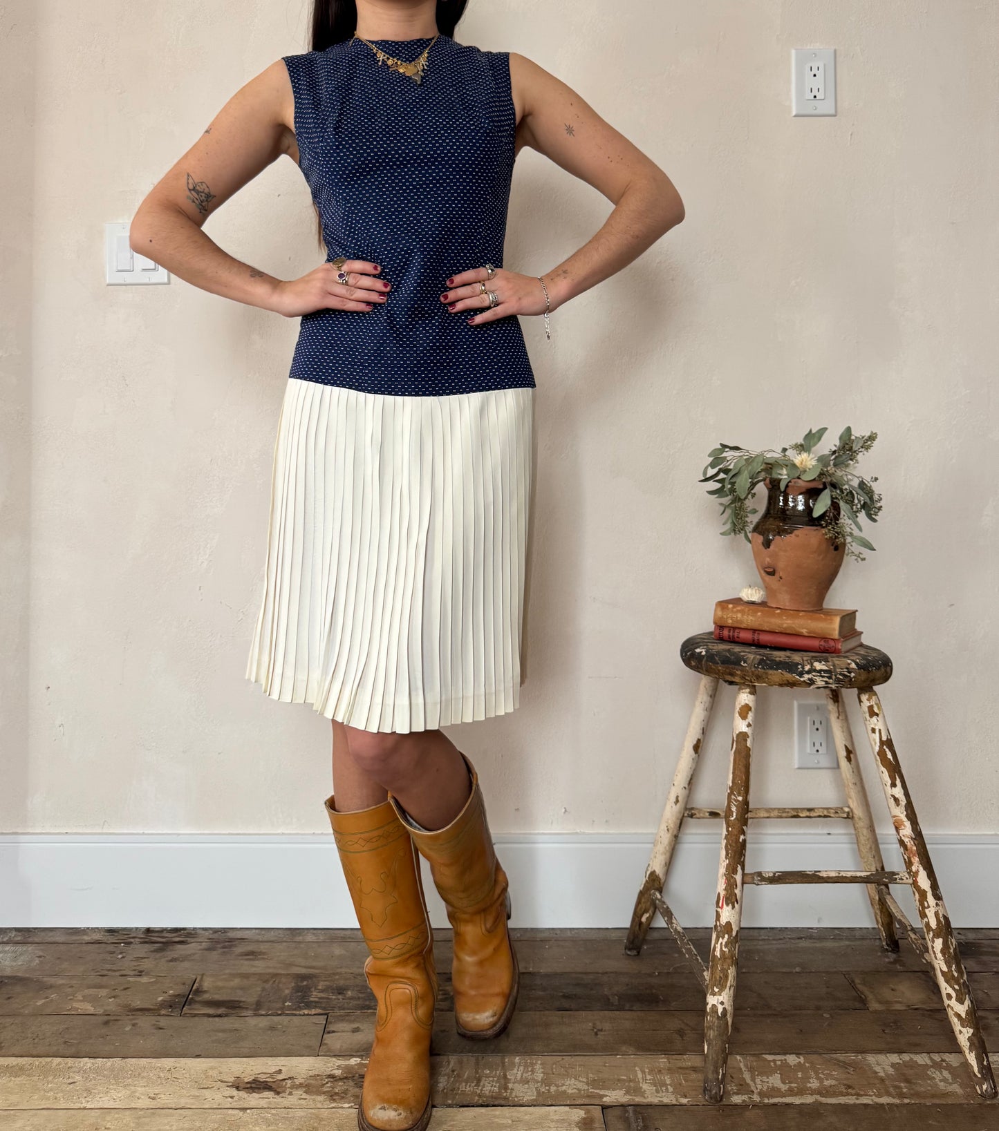 Navy and Cream Pleated Dress