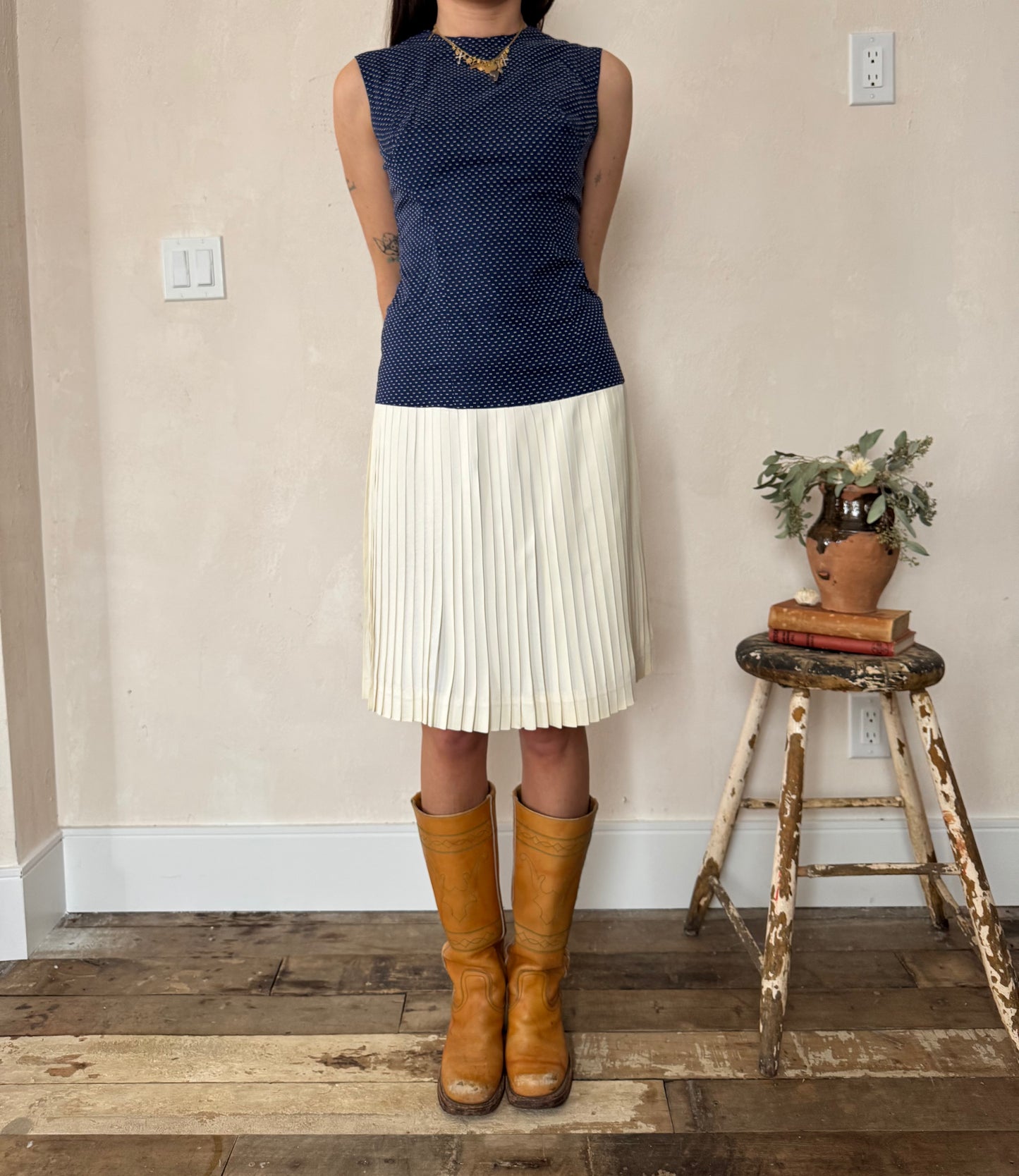 Navy and Cream Pleated Dress