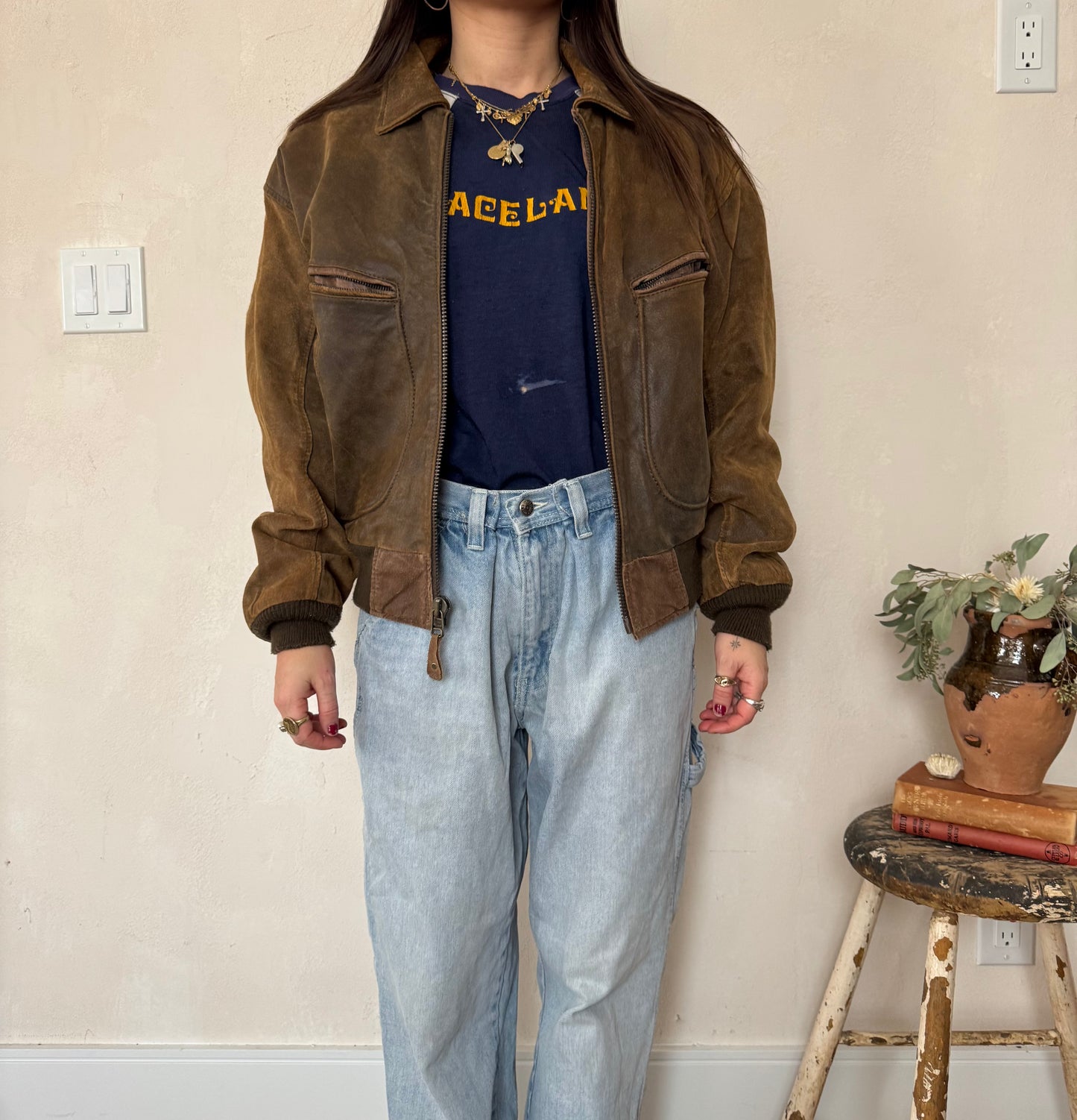 Brown Leather Bomber Jacket