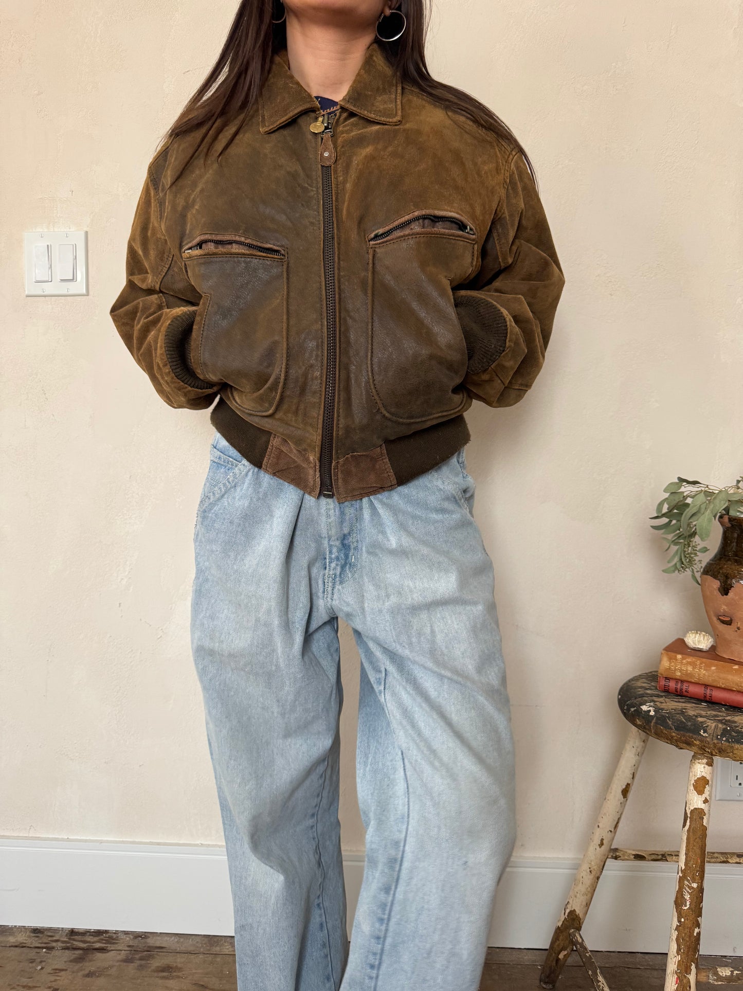 Brown Leather Bomber Jacket