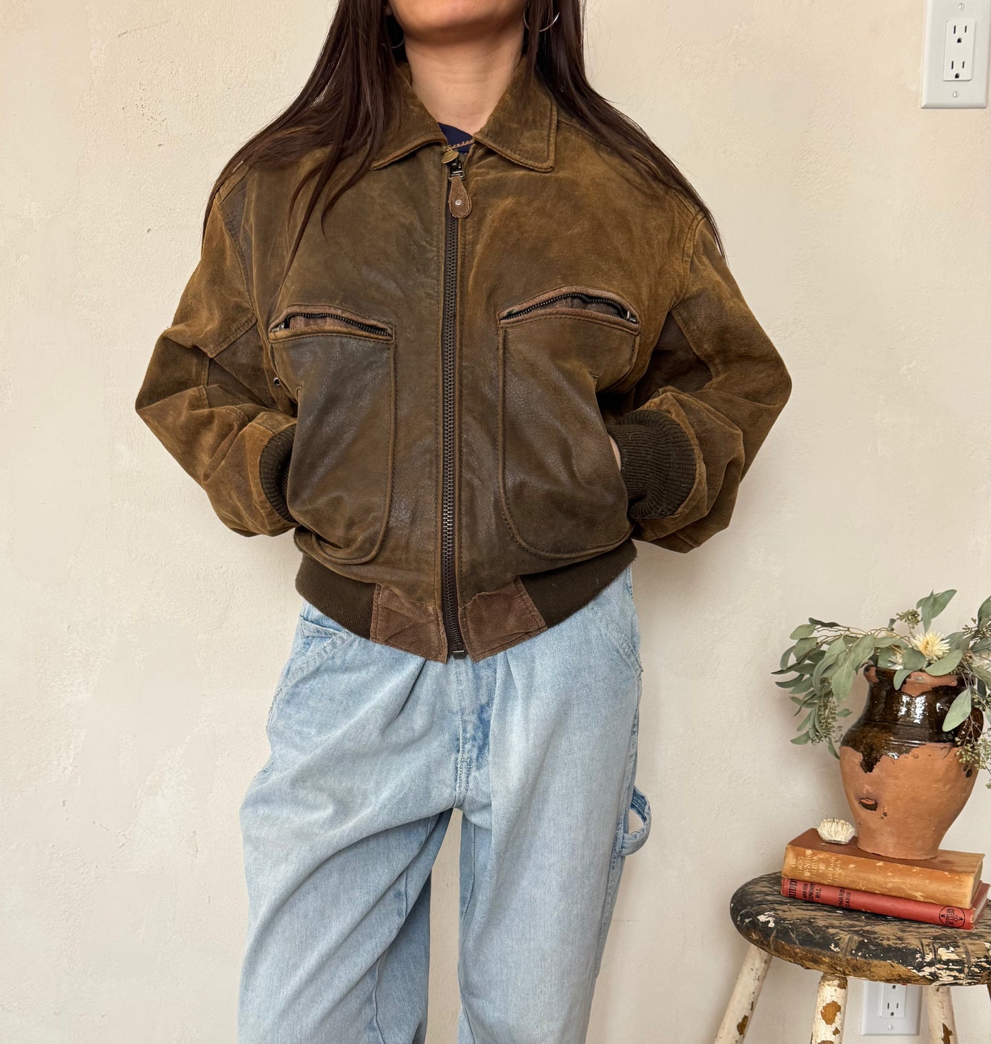 Brown Leather Bomber Jacket