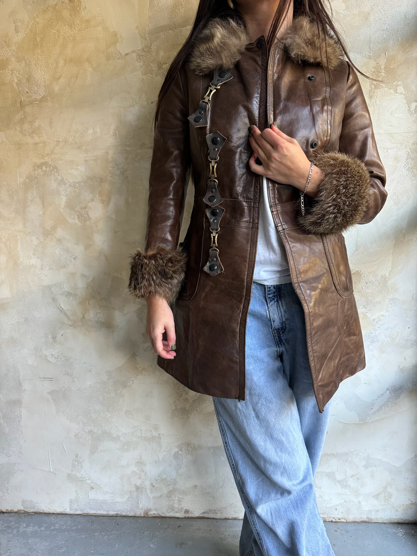 Brown Leather Buckle Jacket