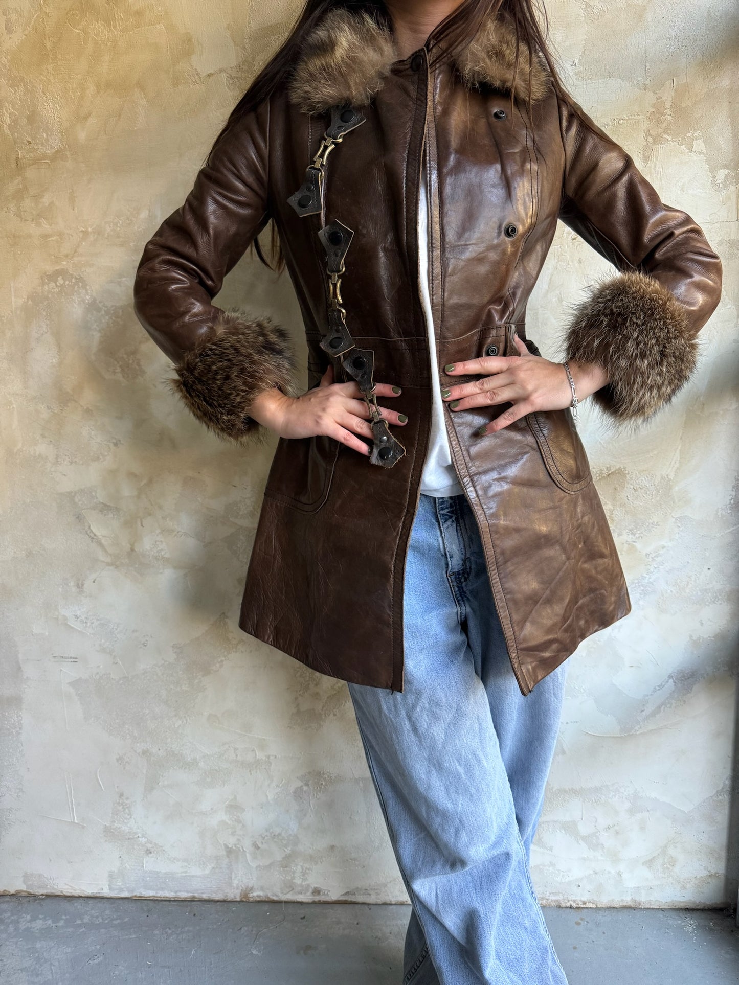 Brown Leather Buckle Jacket