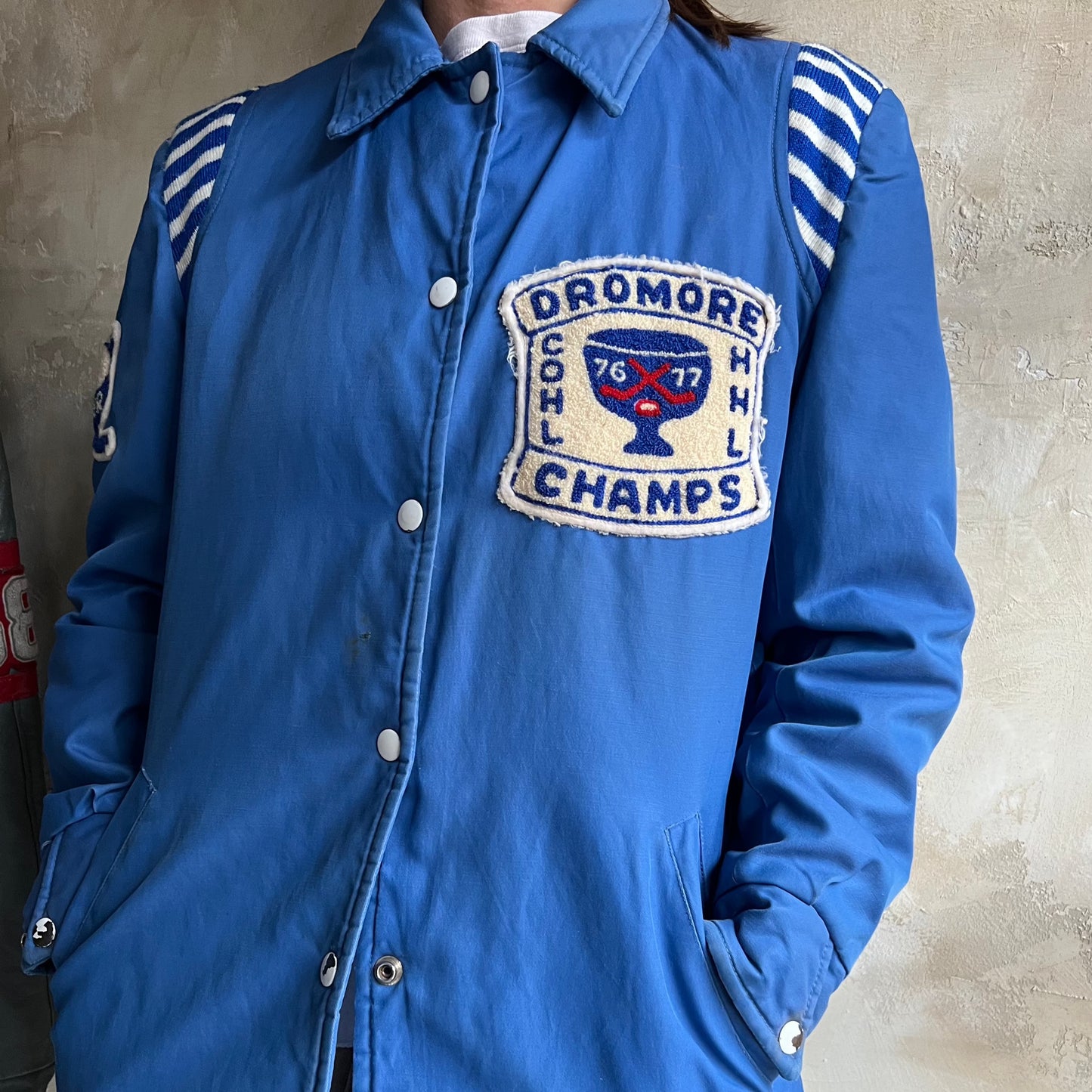 Blue 1970's Dromore Champs Varsity Hockey Jacket