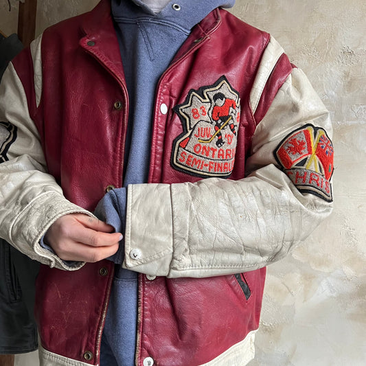 1980's Red + White Hockey Varsity Jacket