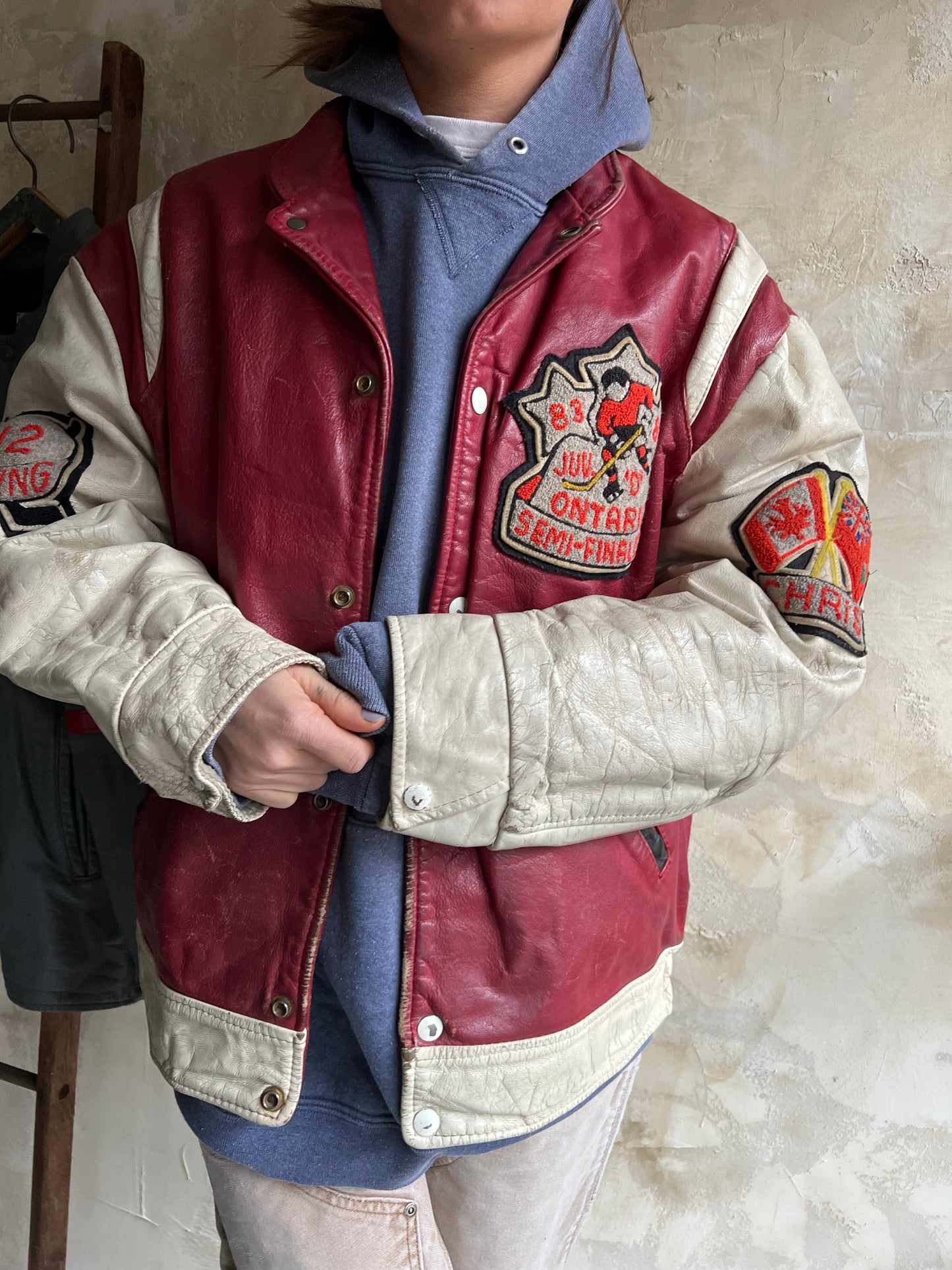 1980's Red + White Hockey Varsity Jacket