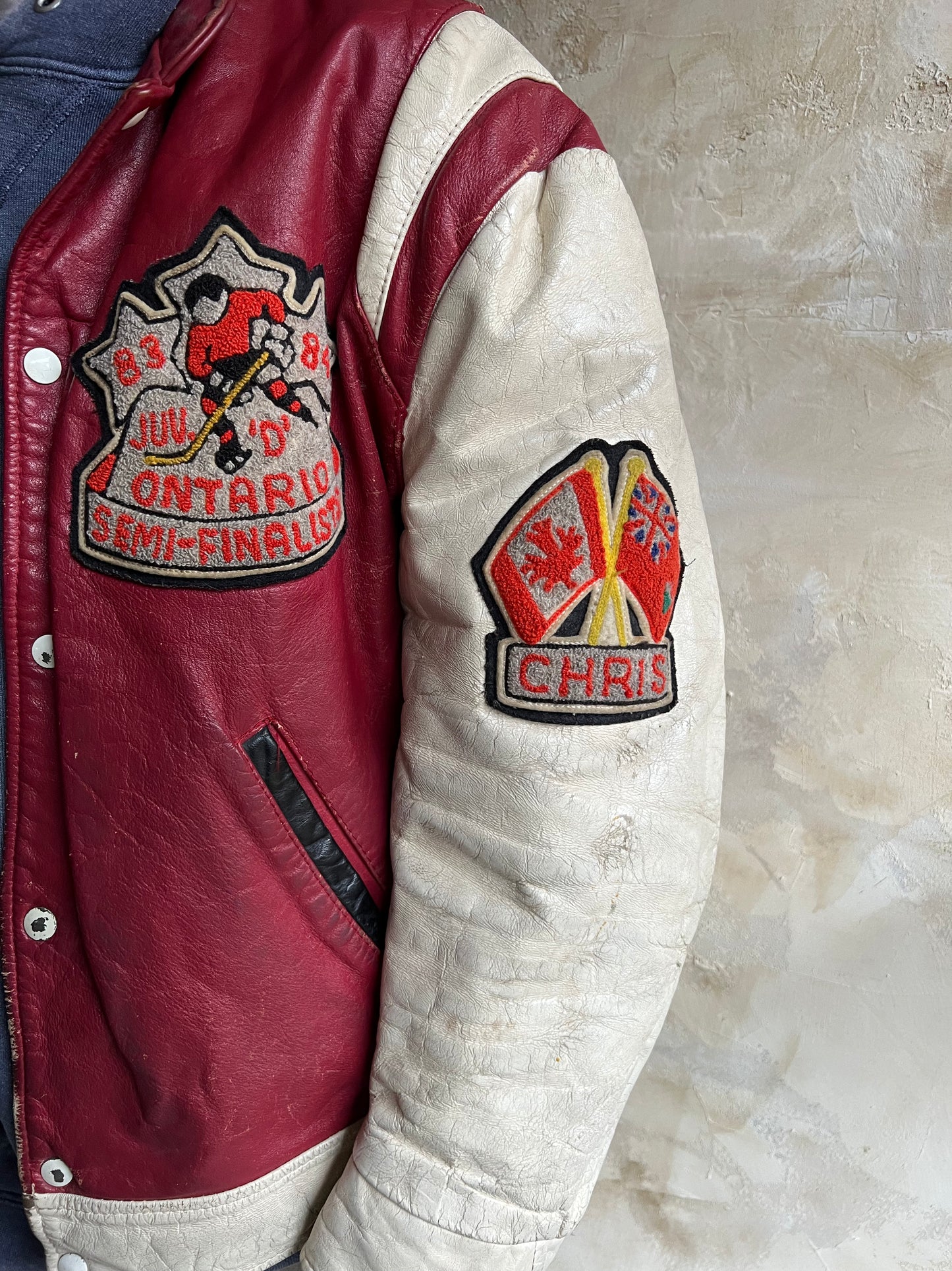 1980's Red + White Hockey Varsity Jacket