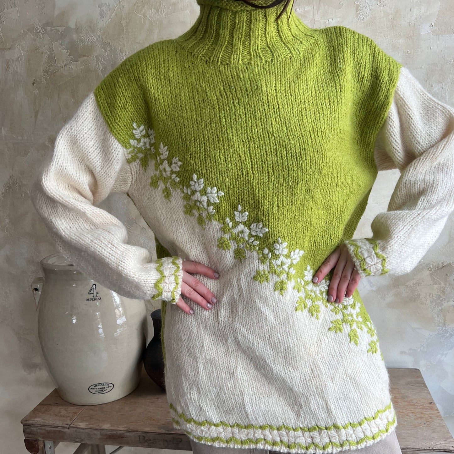 Green + Cream Floral Wool Sweater