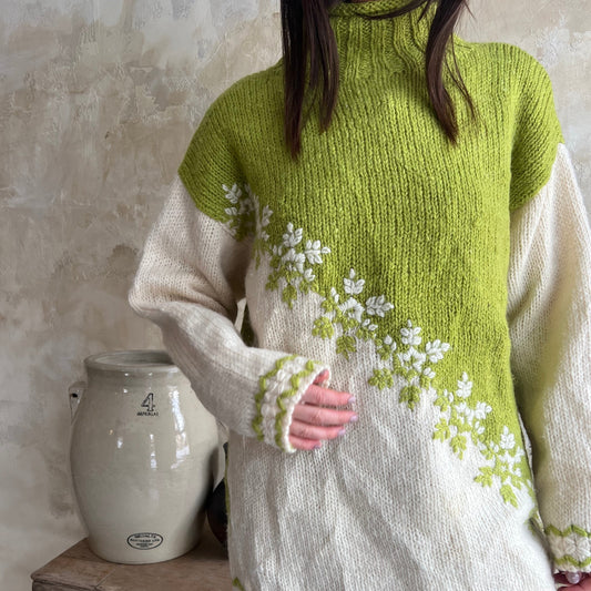 Green + Cream Floral Wool Sweater