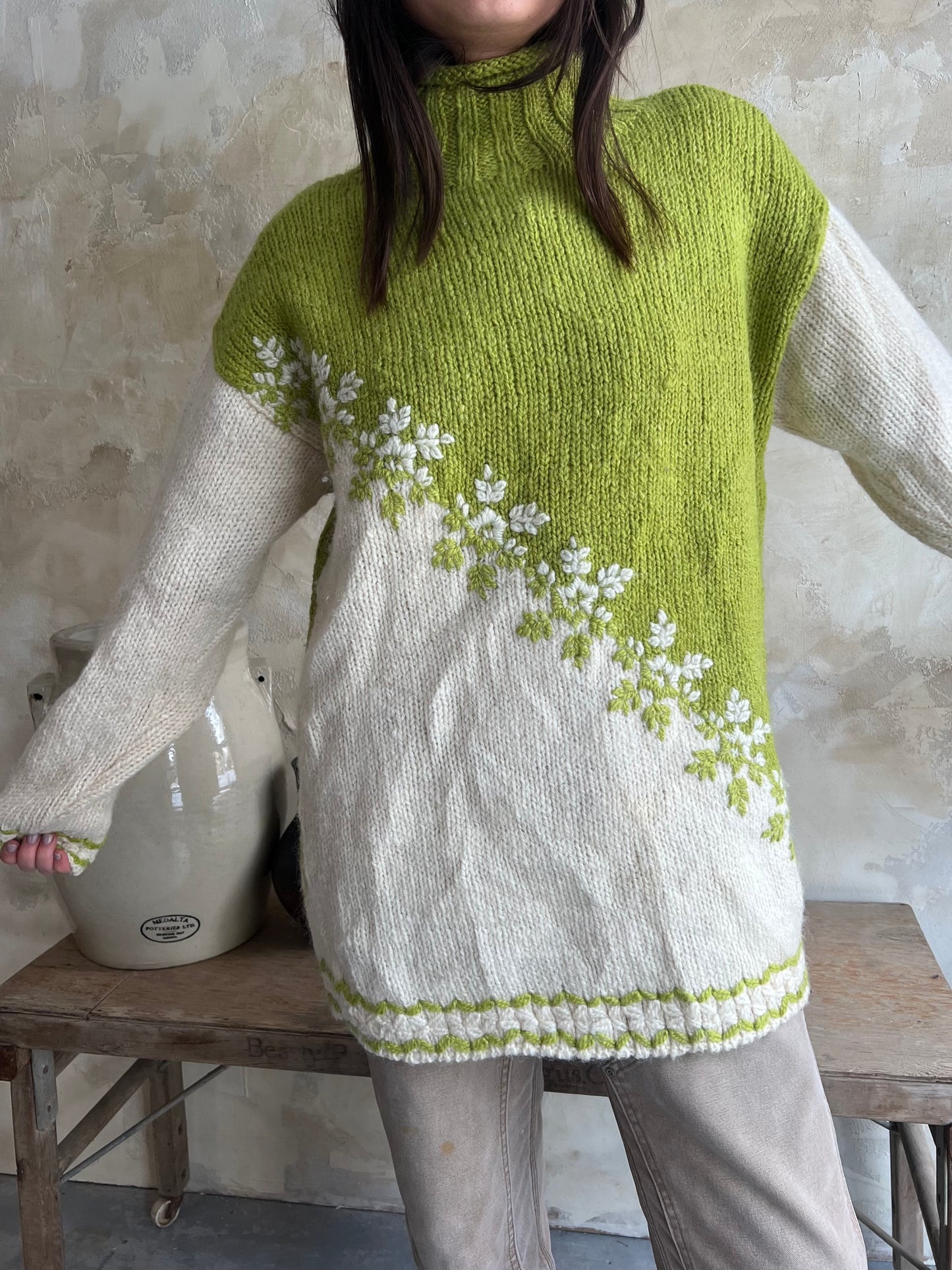 Green + Cream Floral Wool Sweater