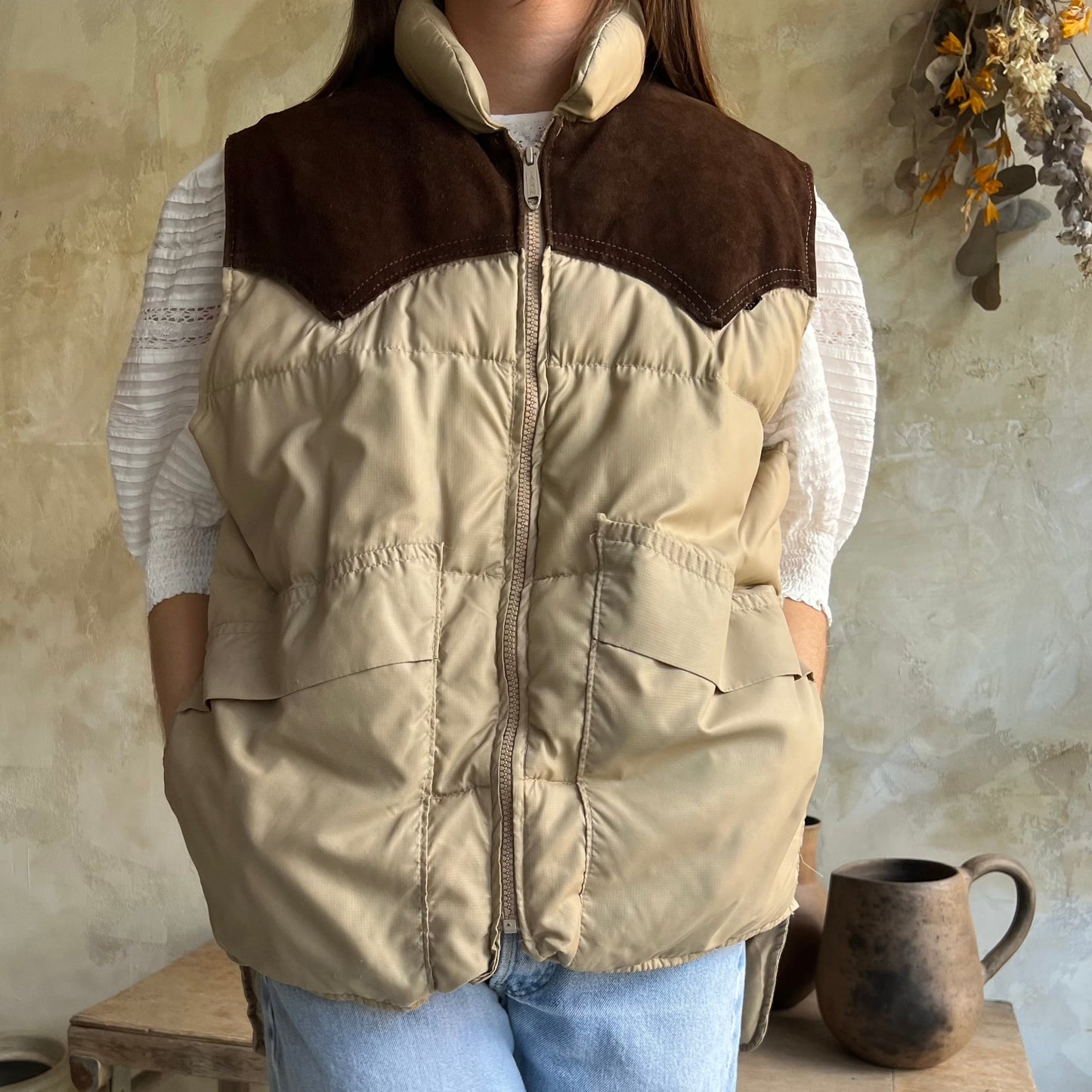 Tan Western Down Puffer Vest