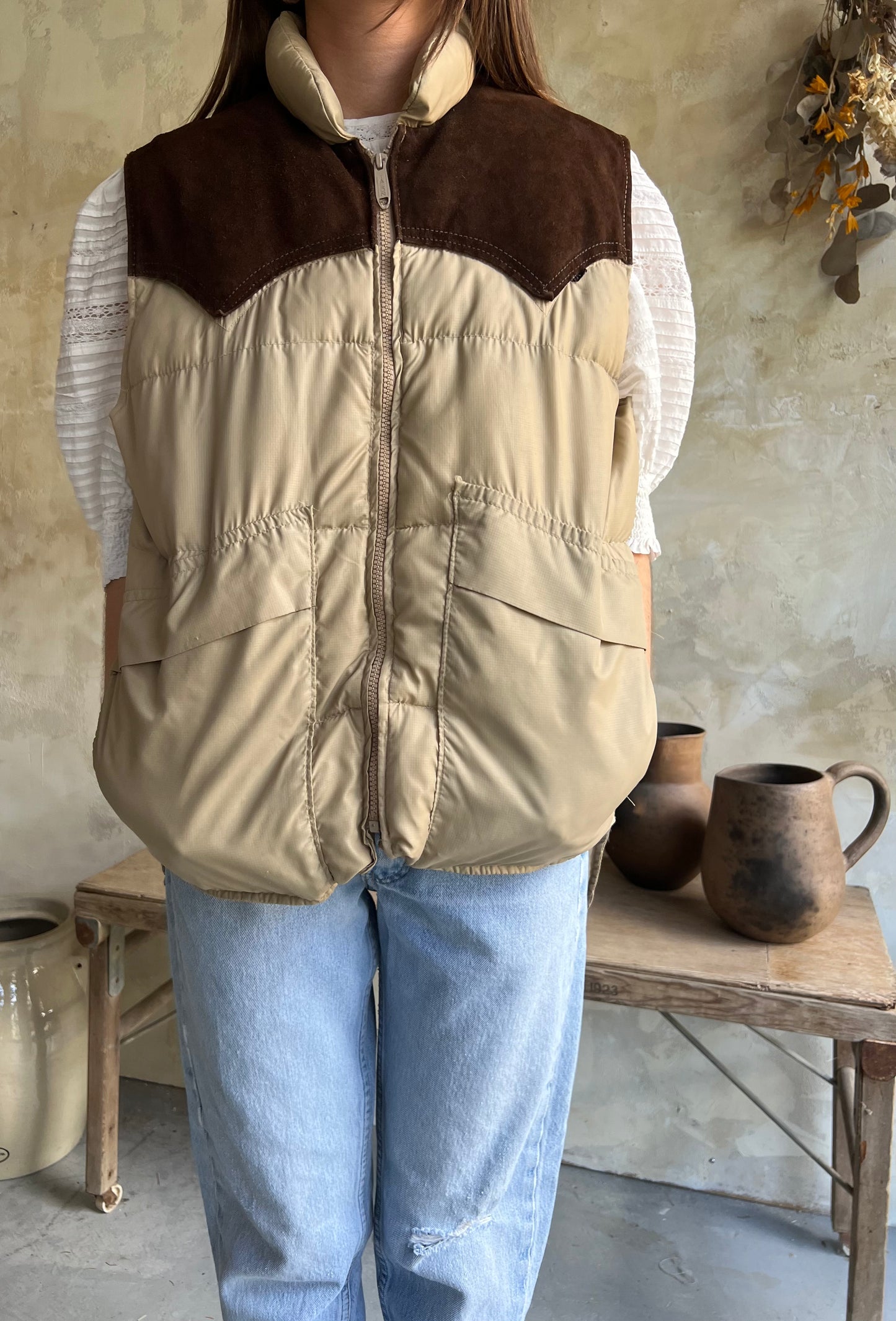 Tan Western Down Puffer Vest