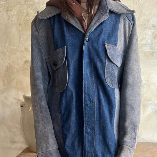 70s Patchwork Denim Blue Suede Jacket