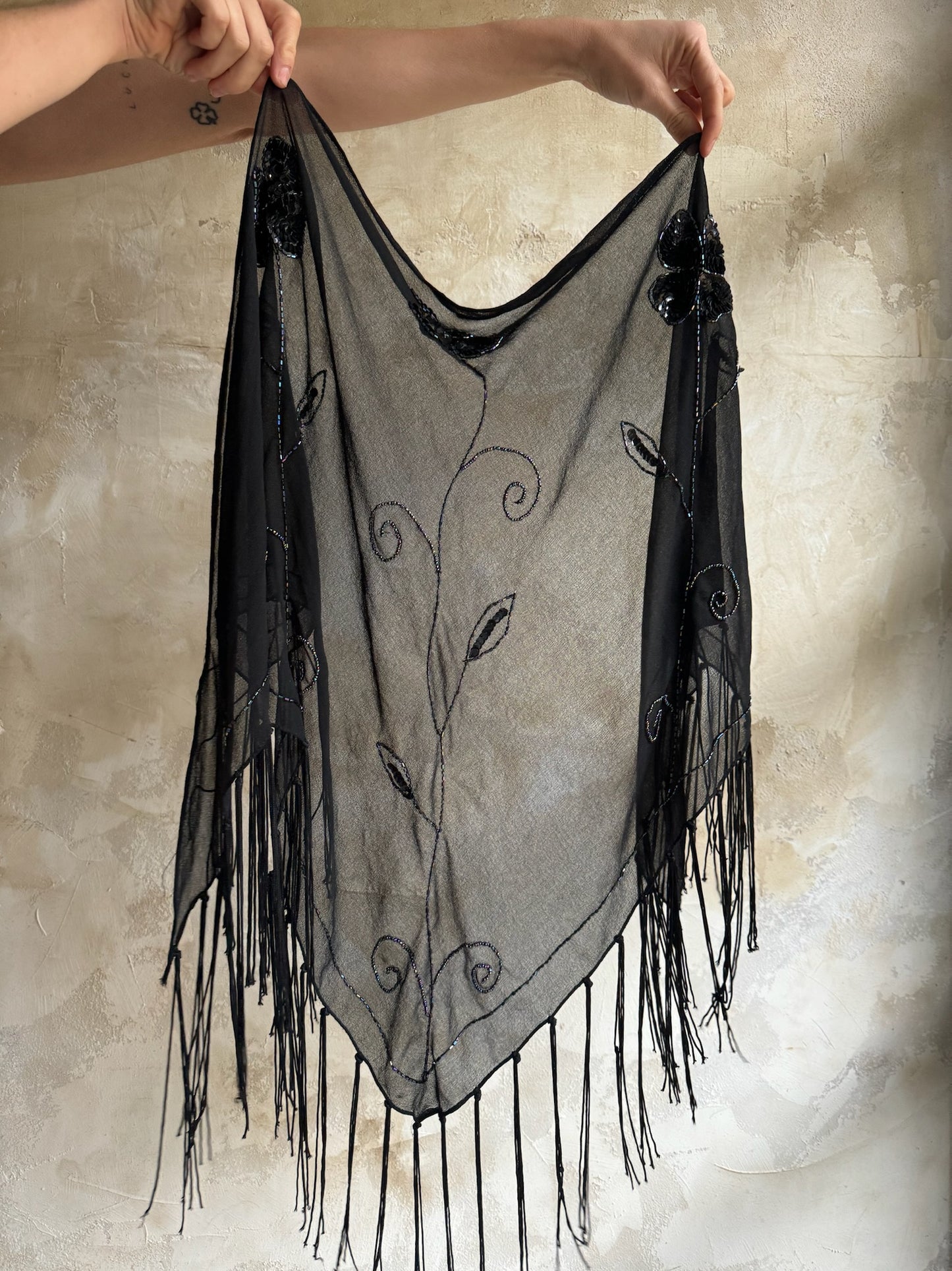 Sheer Beaded Black Shawl