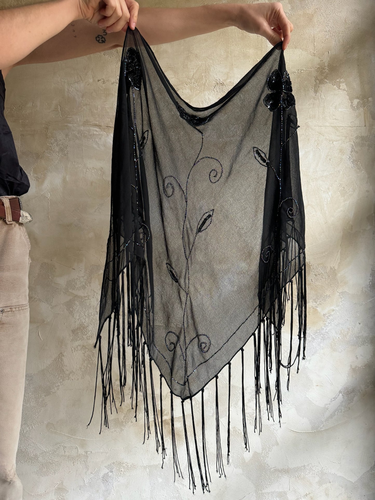 Sheer Beaded Black Shawl