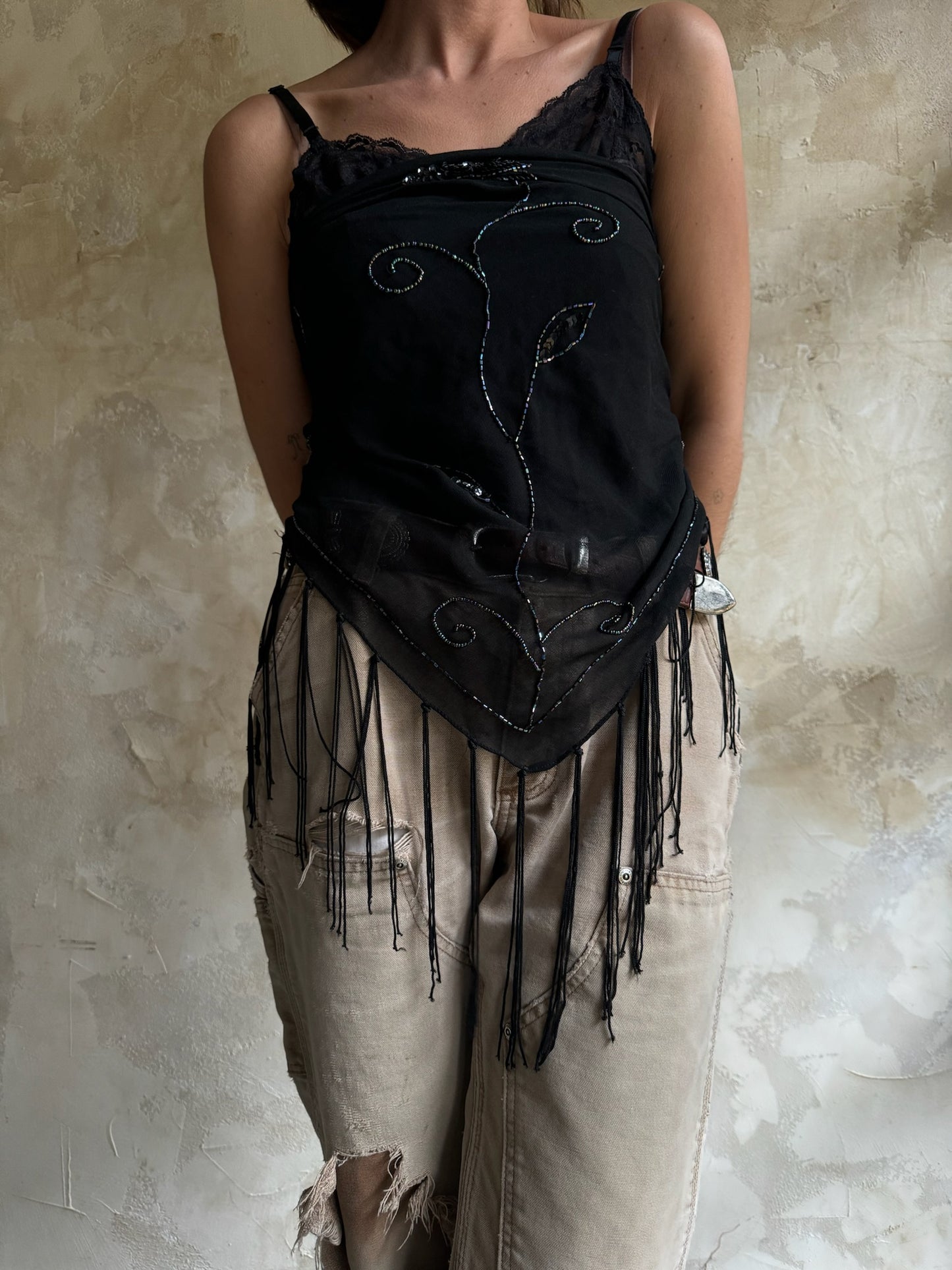 Sheer Beaded Black Shawl