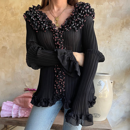 Black Beaded Ruffle Blouse