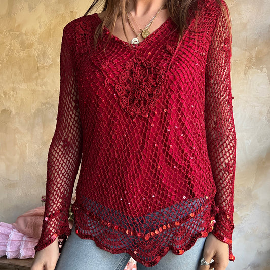 Red Sequin Long-sleeve Crochet Top