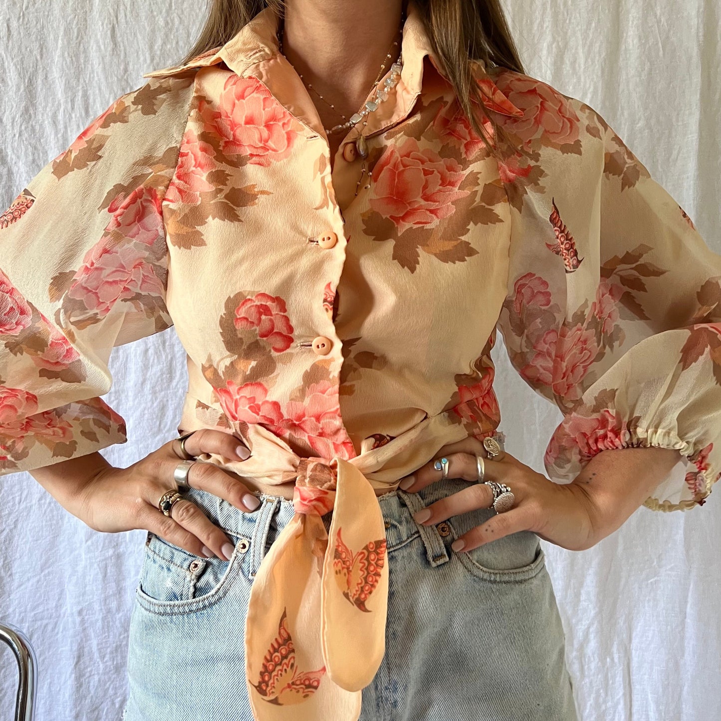 70s Peachy Floral Tie-Up Top