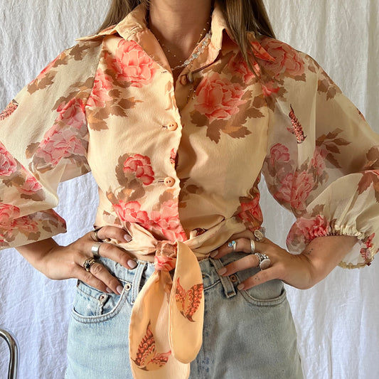 70s Peachy Floral Tie-Up Top