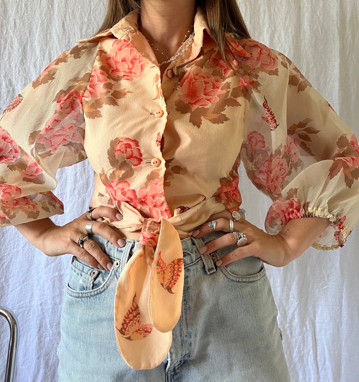 70s Peachy Floral Tie-Up Top