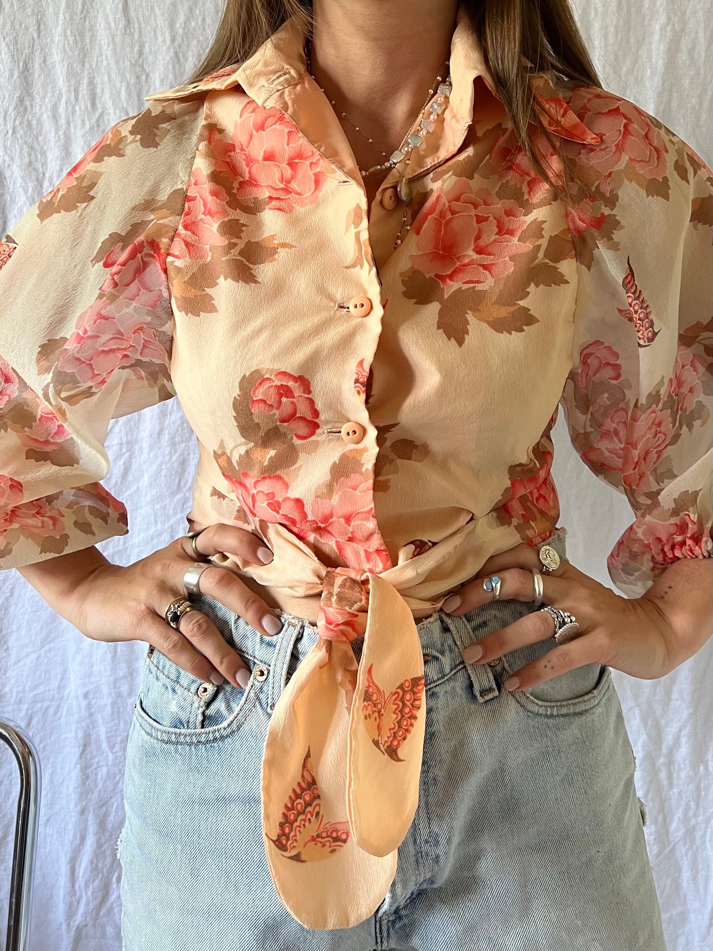 70s Peachy Floral Tie-Up Top