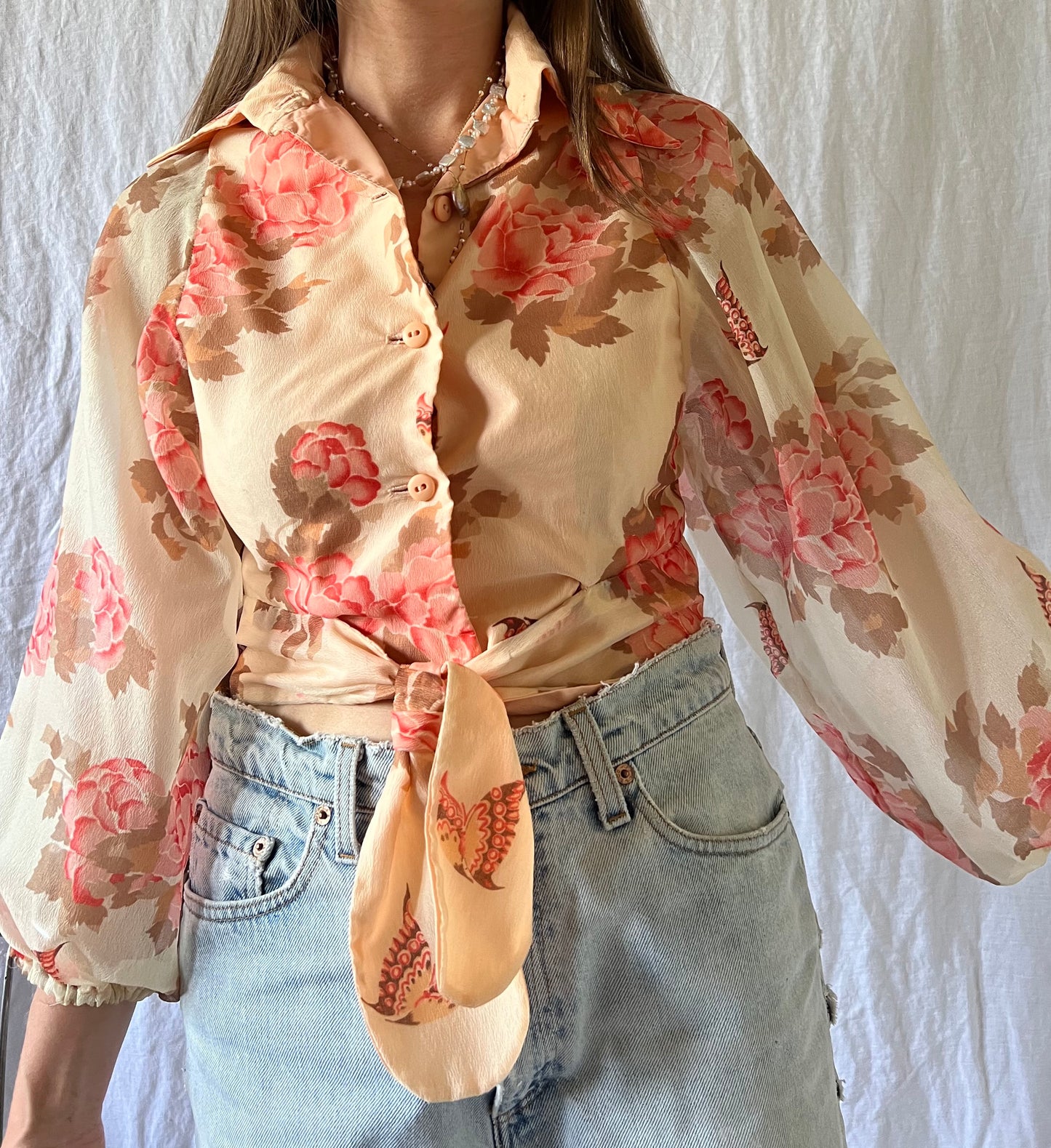 70s Peachy Floral Tie-Up Top