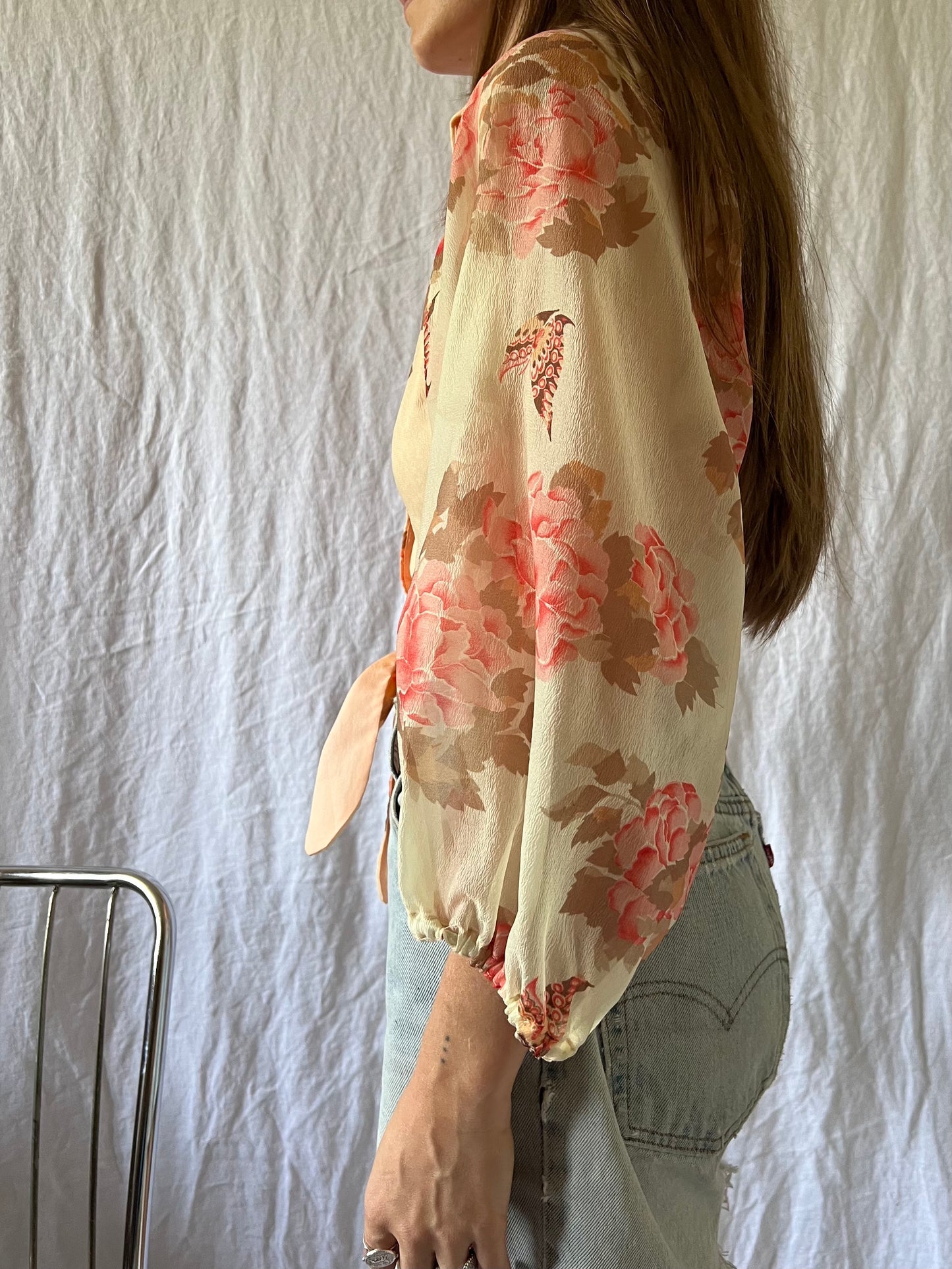 70s Peachy Floral Tie-Up Top