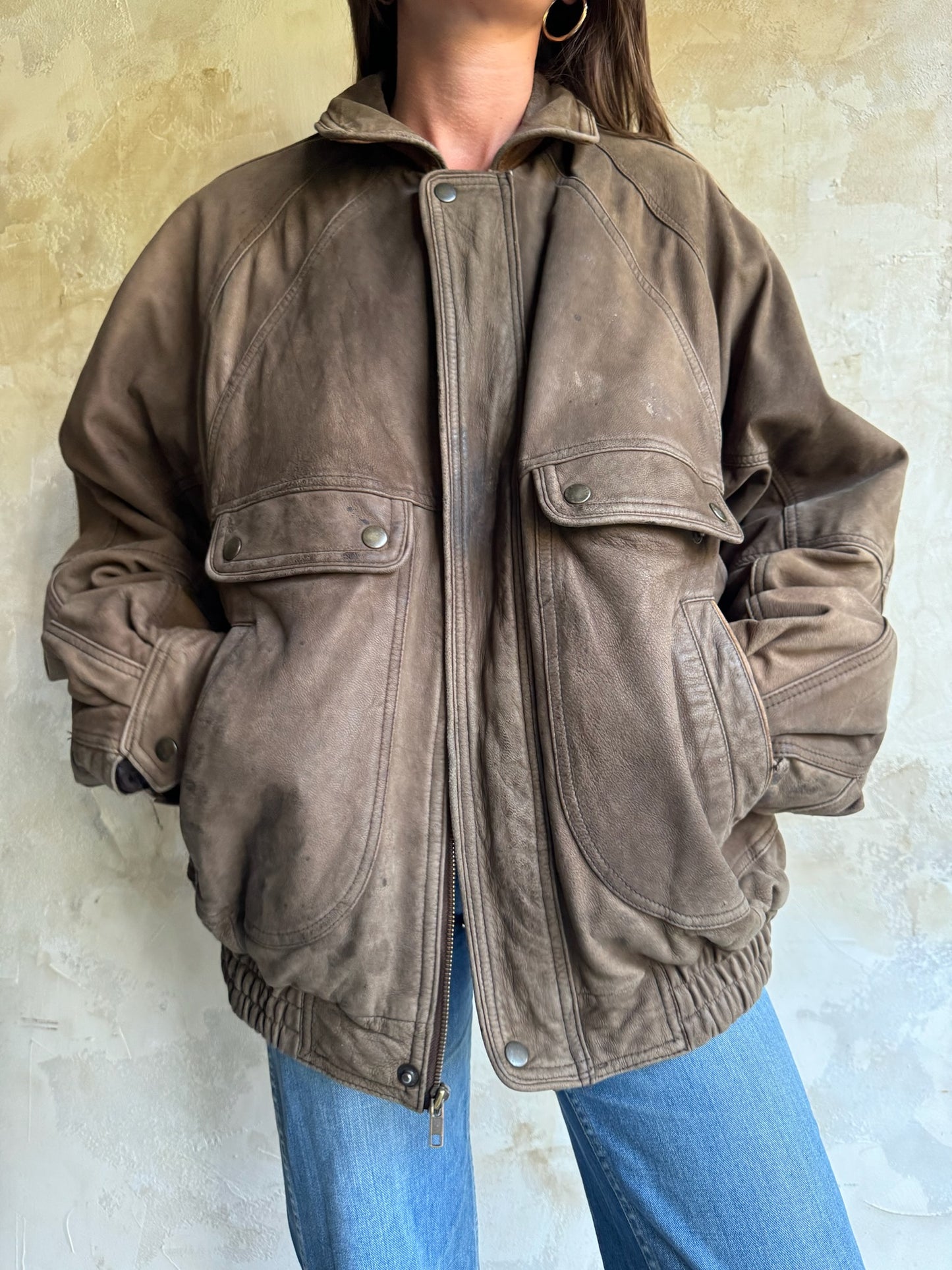 Faded Brown Leather Bomber