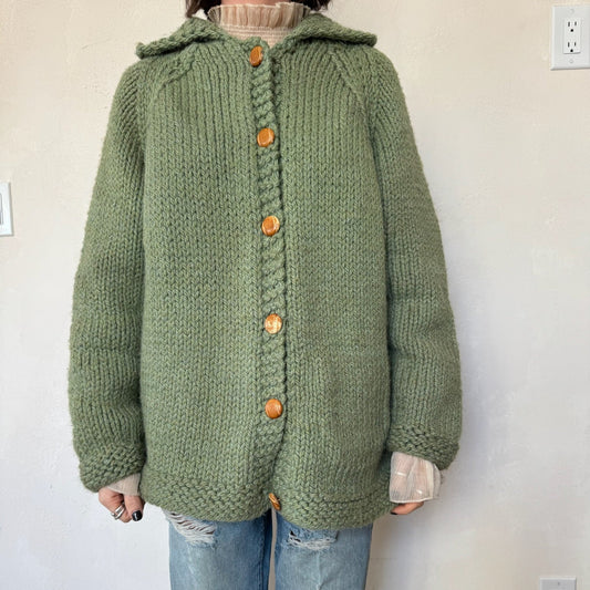 Green Chunky Wool Knit Cardigan