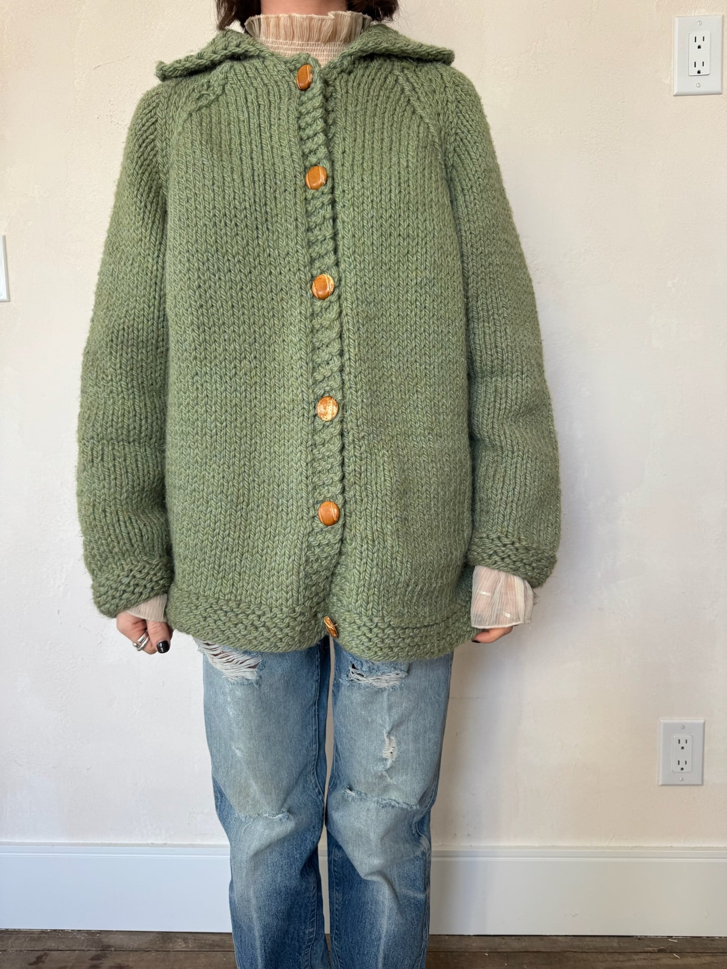 Green Chunky Wool Knit Cardigan