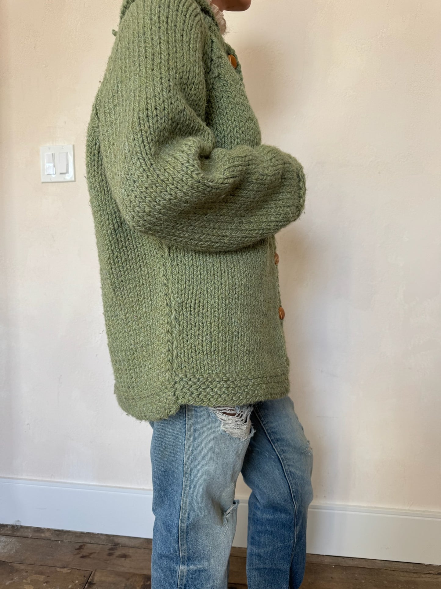 Green Chunky Wool Knit Cardigan