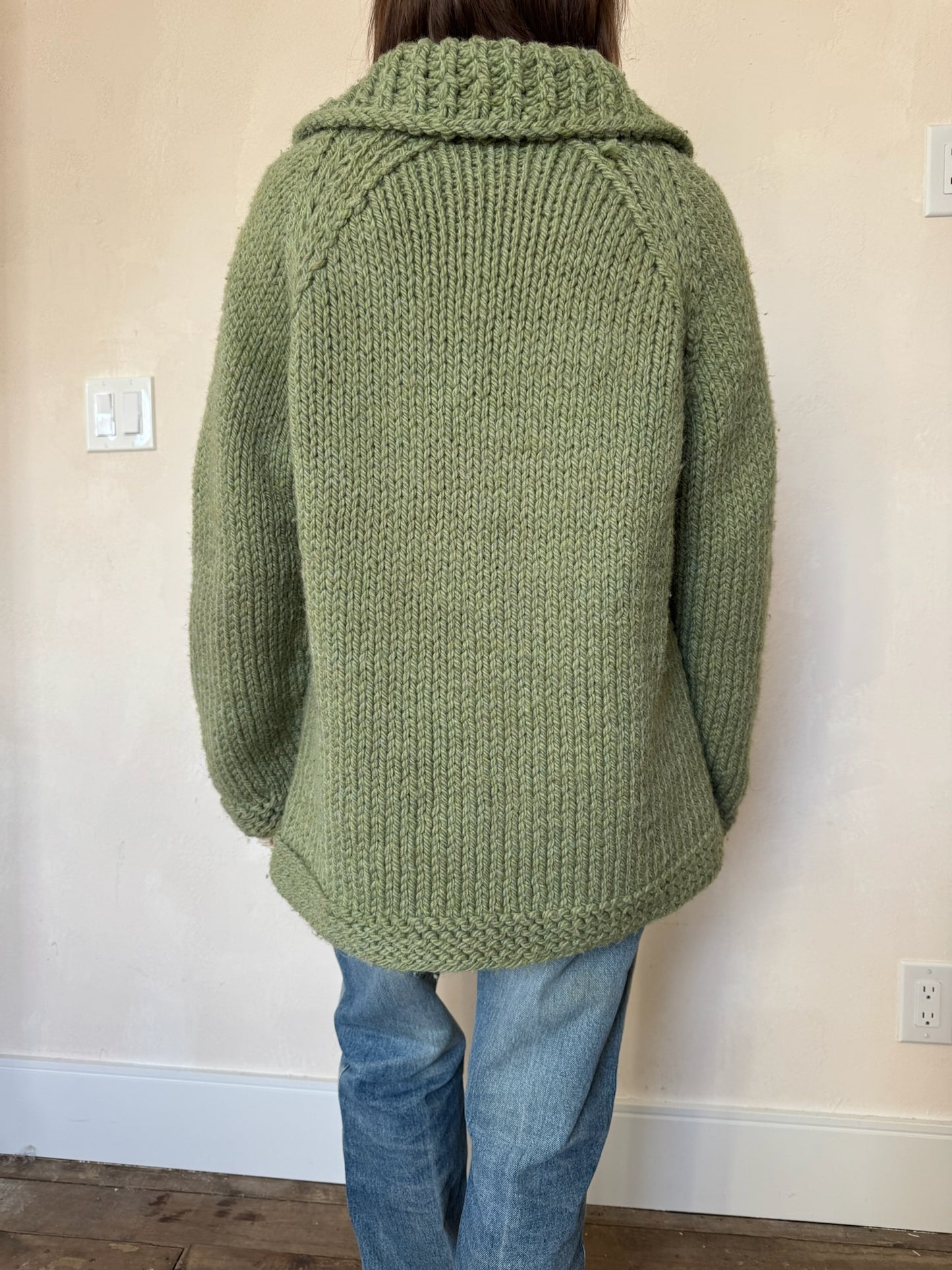 Green Chunky Wool Knit Cardigan