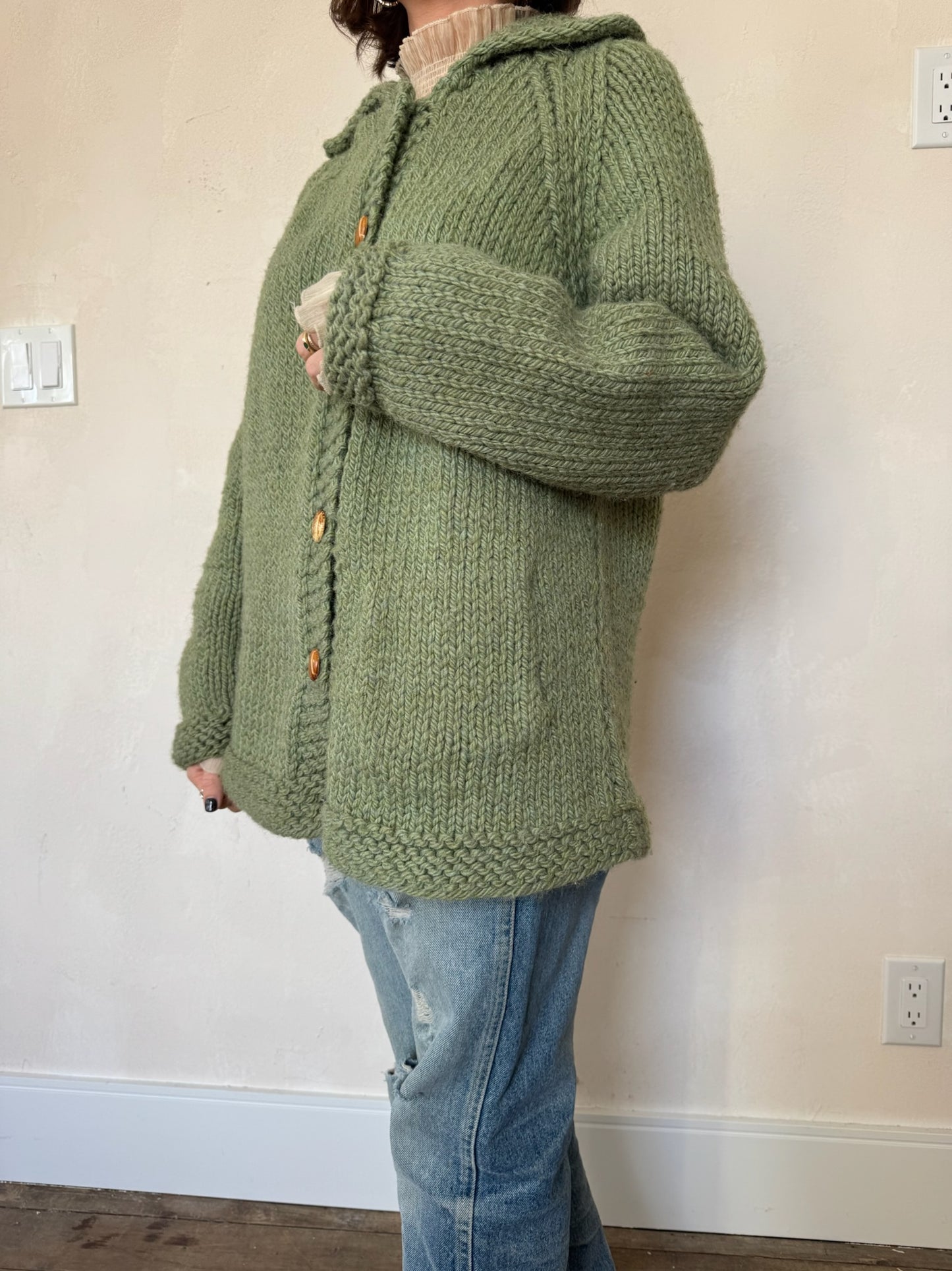 Green Chunky Wool Knit Cardigan