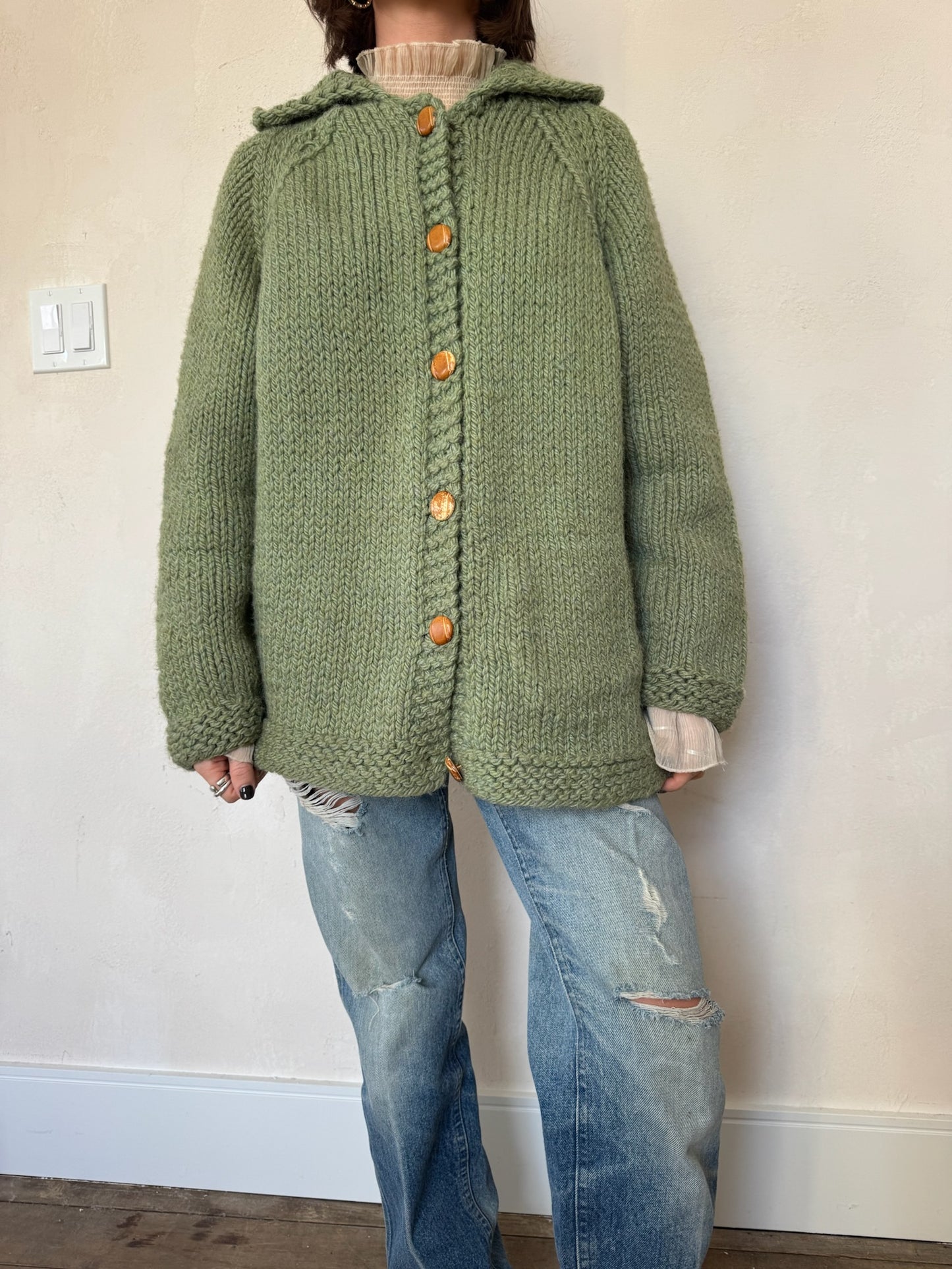 Green Chunky Wool Knit Cardigan